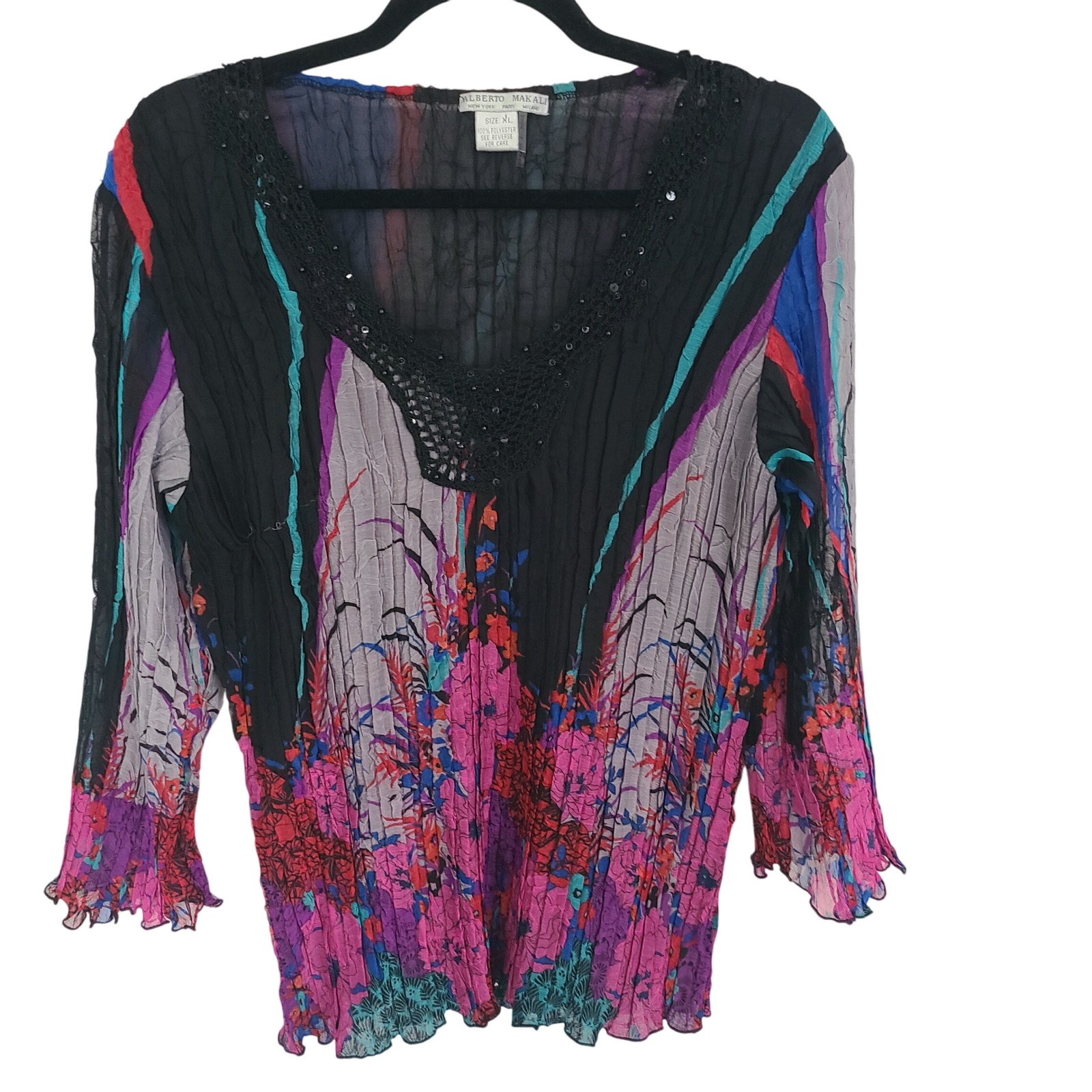 Alberto Makali Xl Sheer Crinkle Mesh Blouse Abstract Floral Sequin Crochet Black